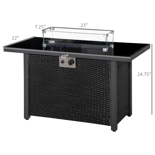 Outsunny Propane Fire Pit Table 43" Outdoor Fire Table, 50,000 BTU Pulse-Ignition Wicker Firepit Furniture with Glass Wind Guard, Blue Glass Rock,
