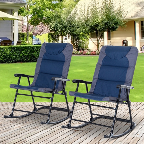 Outsunny 2pc Patio Foldable Rocking Chair Set w/ Soft Padded Seat, Backrest, and Headrest for park, backyard, garden, Navy Blue