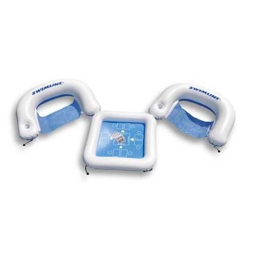 3-Piece Blue and White Inflatable Poker Game Deck and Chairs with Waterproof Playing Cards 33"