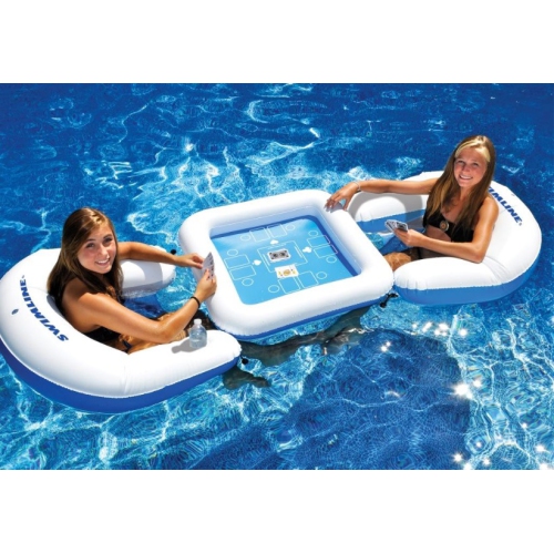 3-Piece Blue and White Inflatable Poker Game Deck and Chairs with Waterproof Playing Cards 33"