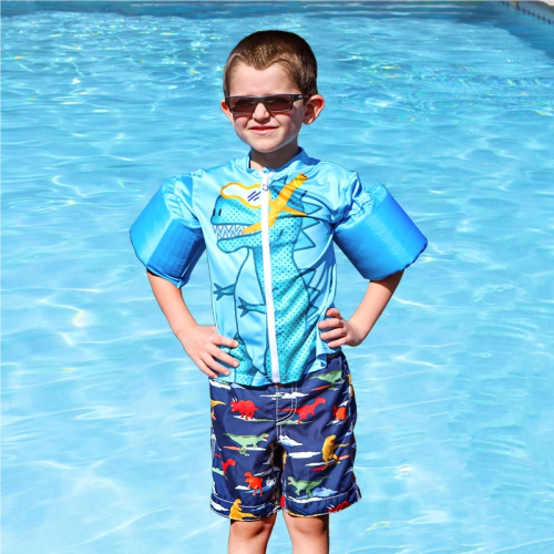 18-Inch Light Blue Boys Swim Shirt "Rawr" Floaties With a Dinosaur
