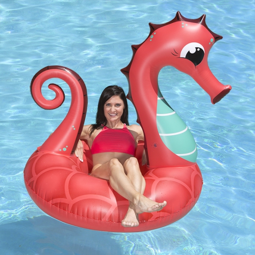 Inflatable Red and Green Coral Seahorse Swimming Pool Ring Float, 48-Inch