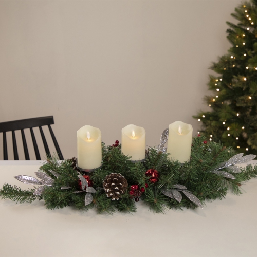 32" Frosted Pine Cone and Berries Artificial Christmas Candle Holder Centerpiece
