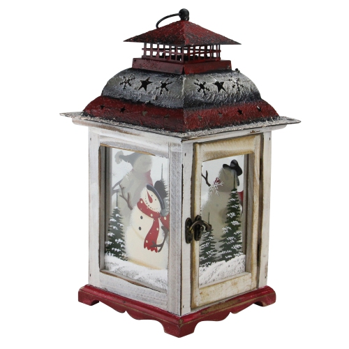 14.5" Red and White Snowman Holiday Scene Christmas Pillar Candle Lantern