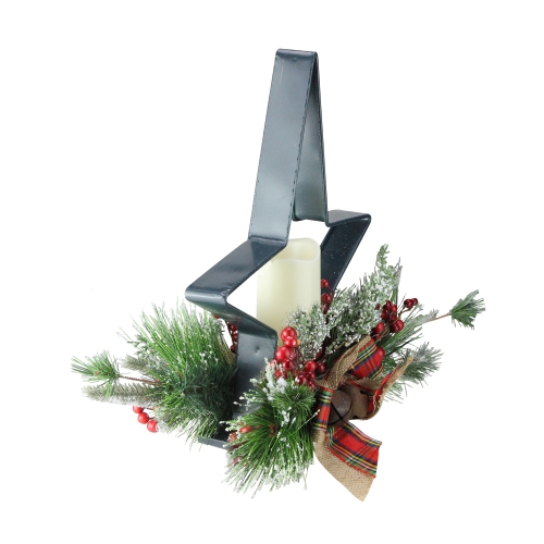 15" Green and Ivory Pine Needle, Berry, and Jingle Bell Deep Star Shaped Candle Holder