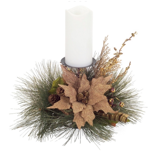 MELROSE  19" And Brown Poinsettia Pine Cone Christmas Candle Holder In Green