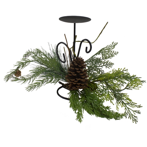 10" Green Artificial Sprigs and Pine Cone Christmas Candle Holder