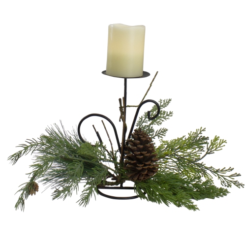 10" Green Artificial Sprigs and Pine Cone Christmas Candle Holder