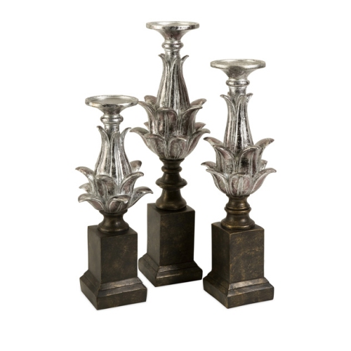 Set of 3 Dramatic Silver Lotus Flower Candlestick Holders