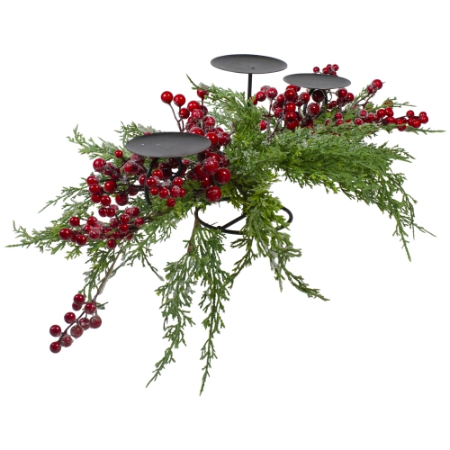 32" Frosted Red Berry Candle Holder Christmas Tabletop Decor