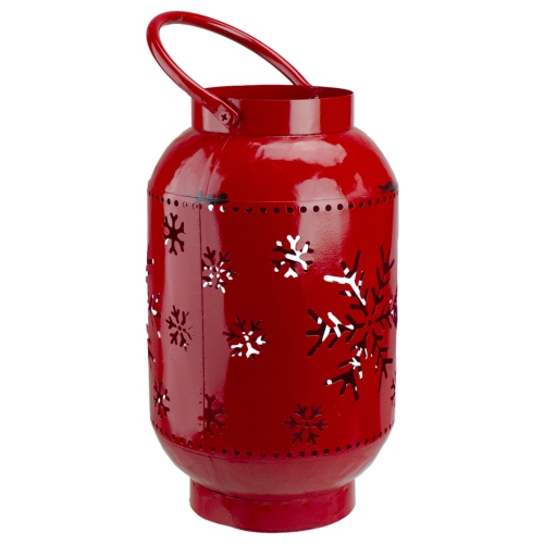 10-Inch Red Snowflake Cutout Christmas Candle Lantern- Metal