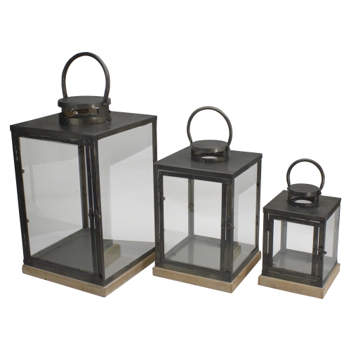 Set of 3 Bronze Glass Candle Lanterns With a Latch Hook Lock - 21"