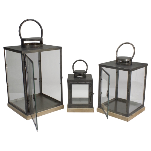 Set of 3 Bronze Glass Candle Lanterns With a Latch Hook Lock - 21"