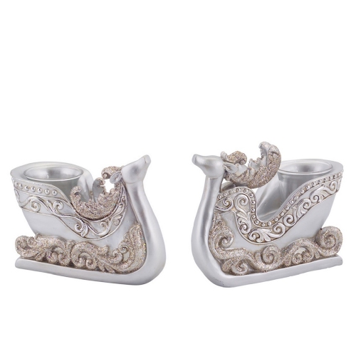 Set of 2 Silver Reindeer Sleigh Christmas Tea Light Candle Holders 4.5"