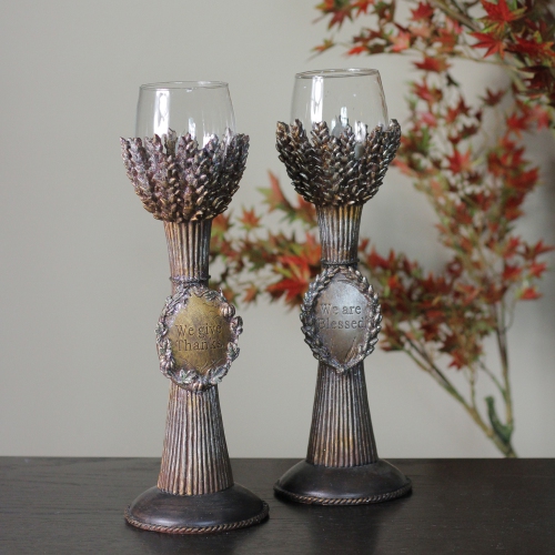 Set of 2 Brown and Clear Blessed Thanksgiving Votive Candleholders 12.5"