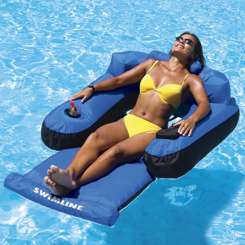 55" Inflatable Blue and Black Ultimate Floating Swimming Pool Chair Lounger