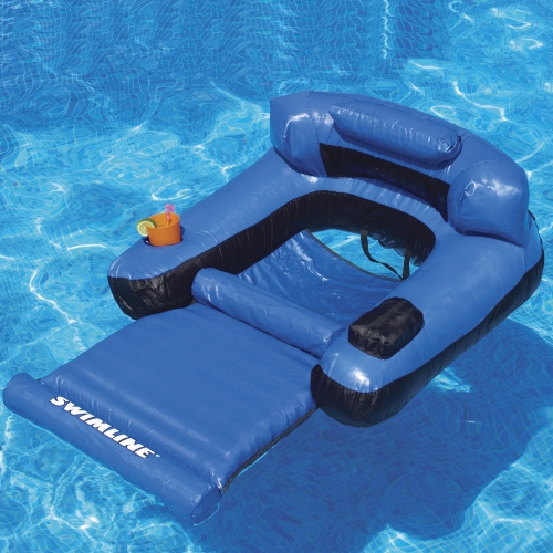 55" Inflatable Blue and Black Ultimate Floating Swimming Pool Chair Lounger