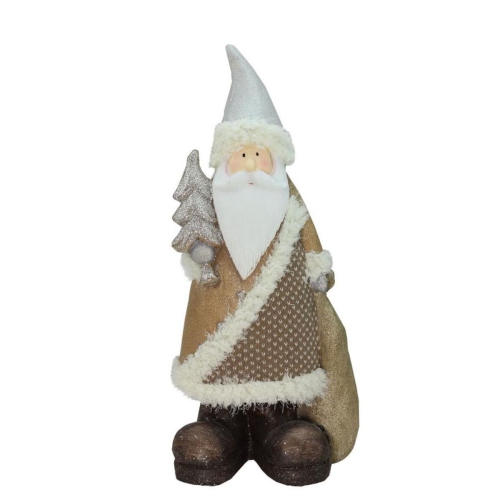 18.5" Brown and White Santa Holding Christmas Tree Tabletop Figurine