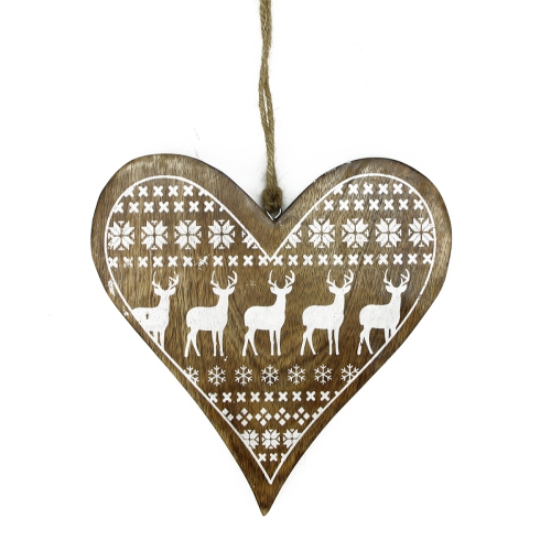8.5" Alpine Chic Mango Heart with Reindeer and Snowflake Hanging Christmas Ornament
