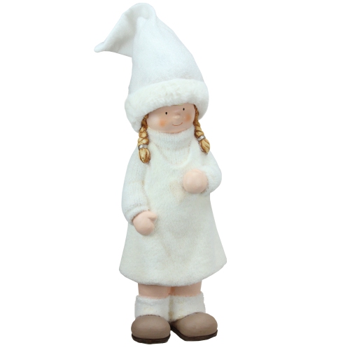 19" White and Beige Winter Girl with Tall Hat Christmas Table Top Figure