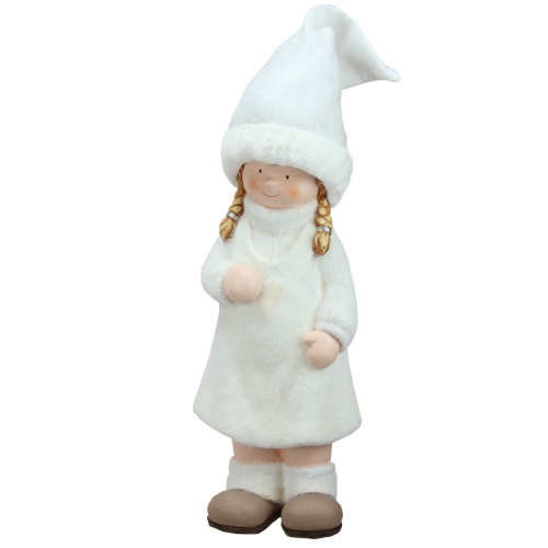 19" White and Beige Winter Girl with Tall Hat Christmas Table Top Figure
