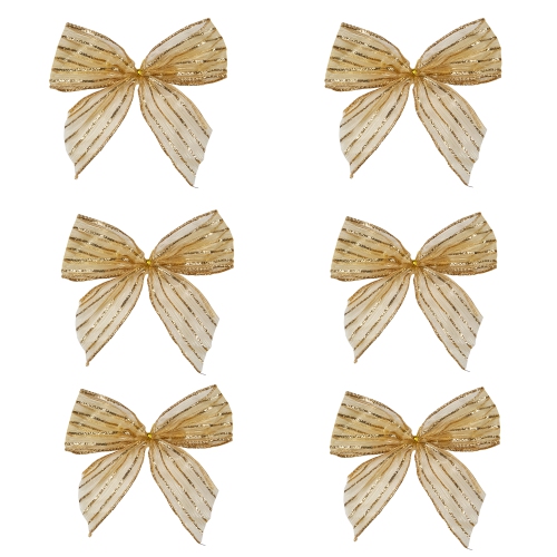 Pack of 6 Gold Glitter Striped 2 Loop Christmas Bow Decorations 5.5"