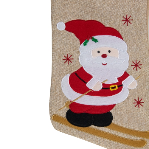 19" Burlap Skiing Santa With Poles and Snowflakes Christmas Stocking