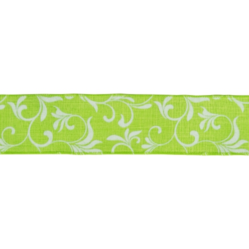 Green with White Floral Design Wired Craft Ribbon 2.5" x 10 Yards