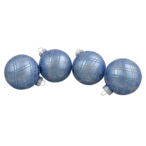 NORTHLIGHT  4Ct And Silver Plaid Glitter Glass Christmas Ornament Ball Set 2.75" (70Mm) In Blue