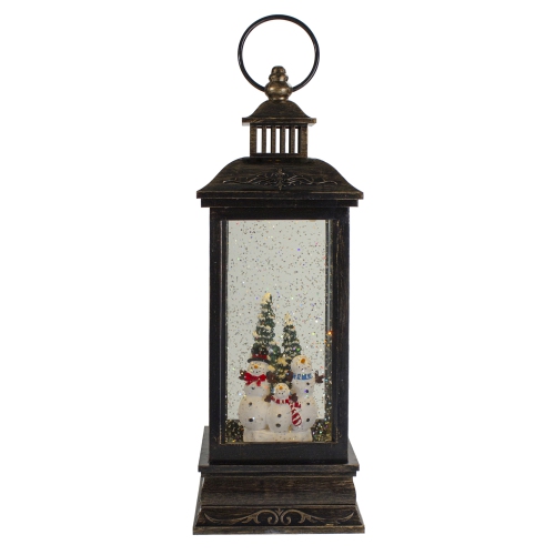 NORTHLIGHT  11" With Brushed Gold Led Snowman Family Christmas Lantern Snow Globe In Black