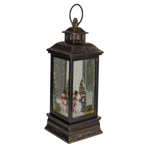 11" Black with Brushed Gold LED Snowman Family Christmas Lantern Snow Globe