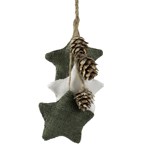 11.8" White and Green Burlap Star and Pine Cone Christmas Ornament