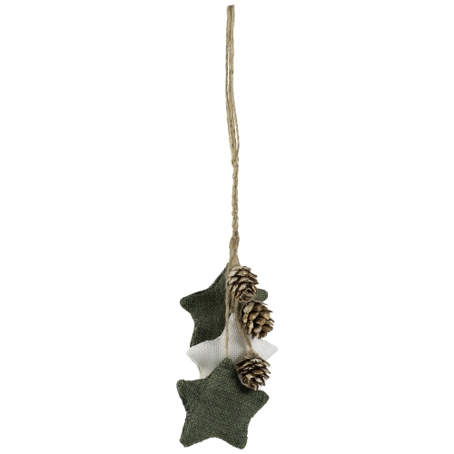 11.8" White and Green Burlap Star and Pine Cone Christmas Ornament