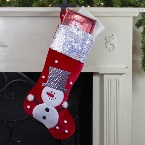 20.5" Red and White Snowman Embroidered Christmas Stocking with Sequined Cuff