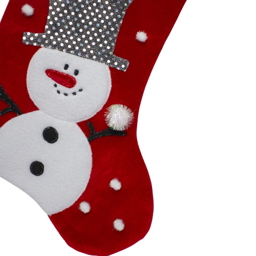 20.5" Red and White Snowman Embroidered Christmas Stocking with Sequined Cuff