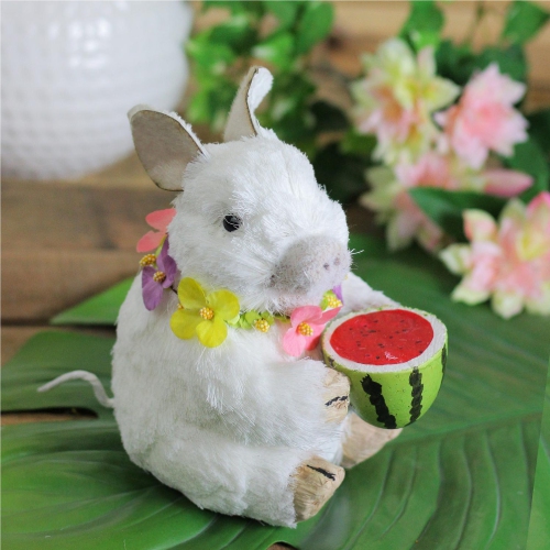 6.75" White Sisal Piglet with Floral Lei and Watermelon Tabletop Figure