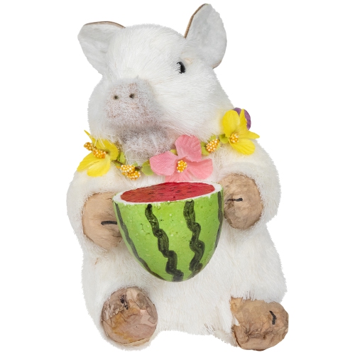 6.75" White Sisal Piglet with Floral Lei and Watermelon Tabletop Figure