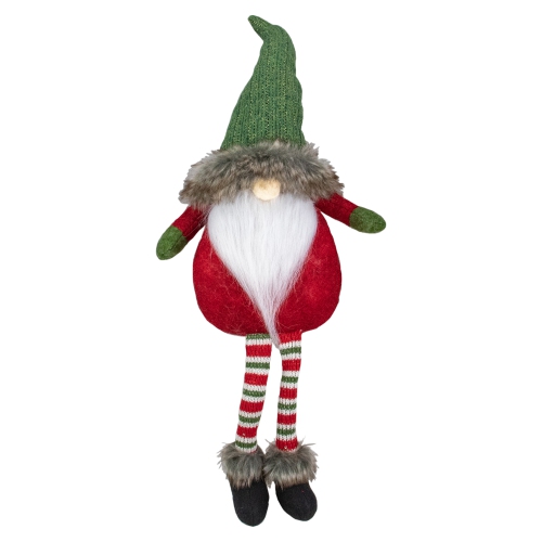 NORTHLIGHT  25-Inch Plush And Green Sitting Tabletop Gnome Christmas Decoration In Red