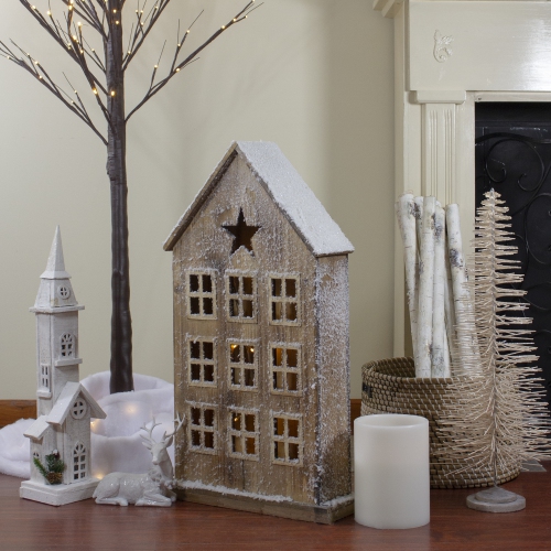 30" Snow-Covered Rustic Wooden House Christmas Tabletop