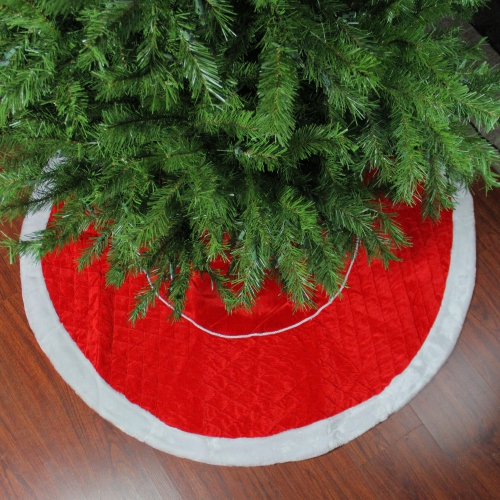 48" Red and White Quilted Faux Fur Border Christmas Tree Skirt