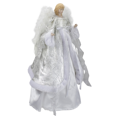 18" Lighted White and Silver Angel in a Dress Christmas Tree Topper - Warm White Lights