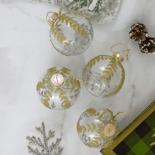 4ct Clear and Gold Glitter Leaves Glass Christmas Ball Ornament 3.25"