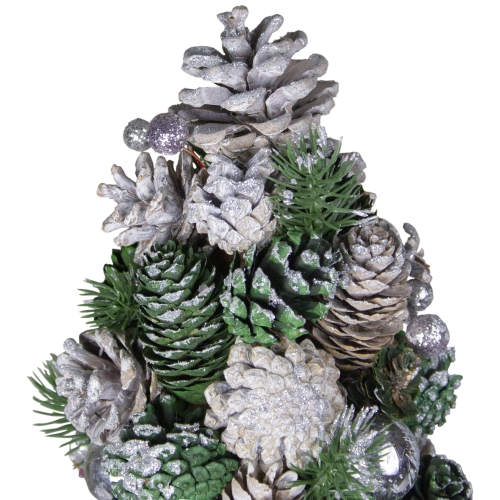 18" Green and Silver Pinecone With Ornaments Table Top Cone Christmas Tree Embellished in Glitter