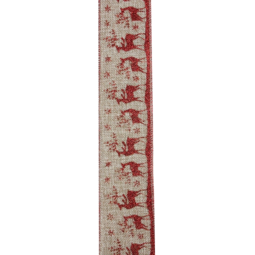 Red and Beige Reindeer Burlap Wired Christmas Craft Ribbon 2.5" x 10 Yards