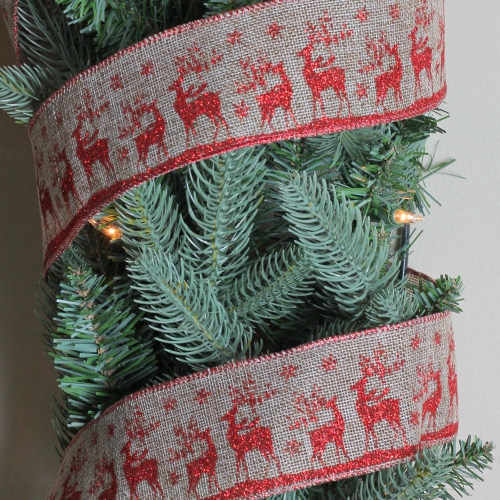 Red and Beige Reindeer Burlap Wired Christmas Craft Ribbon 2.5" x 10 Yards