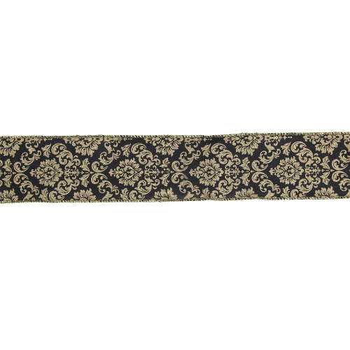 Black and Gold Damask Christmas Wired Craft Ribbon 2.5" x 16 Yards