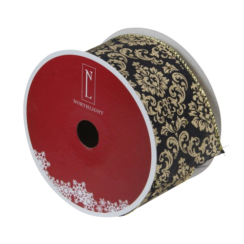 Black and Gold Damask Christmas Wired Craft Ribbon 2.5" x 16 Yards