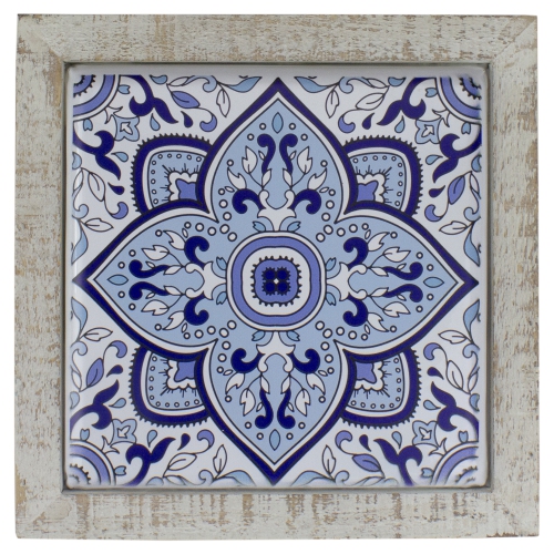9.75" Blue and White Floral Tile Wall Decor