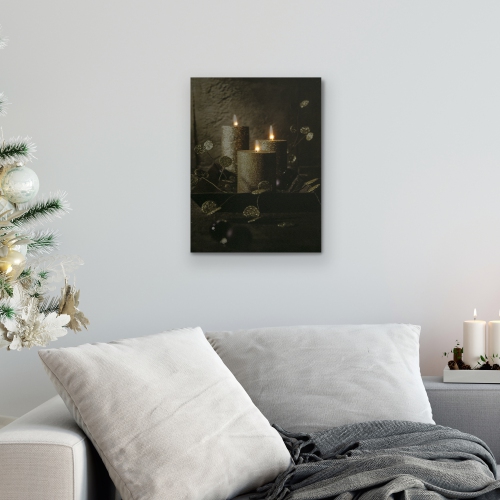 LED Lighted Glittery Gold Flickering Candles Christmas Canvas Wall Art 15.75" x 11.75"