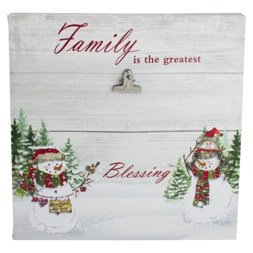 NORTHLIGHT  10" Lighted Snowman Family Blessing Christmas Canvas Wall Art With Photo Clip